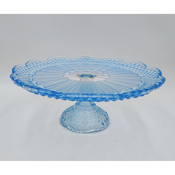 Gorham Emily's Attic Blue Hobnail Cake Plate Stand 11 Inch Scalloped Rim Box - Picture 2 of 8